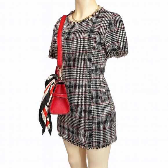 Chic classy Romeo + Juliet Couture Houndstooth Fringe Tweed Mini Dress Women’s M - Picture 2 of 4